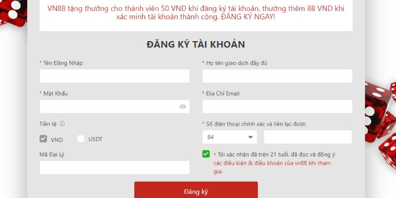 Nhập các thông tin chính xác vào form VN88 đăng ký